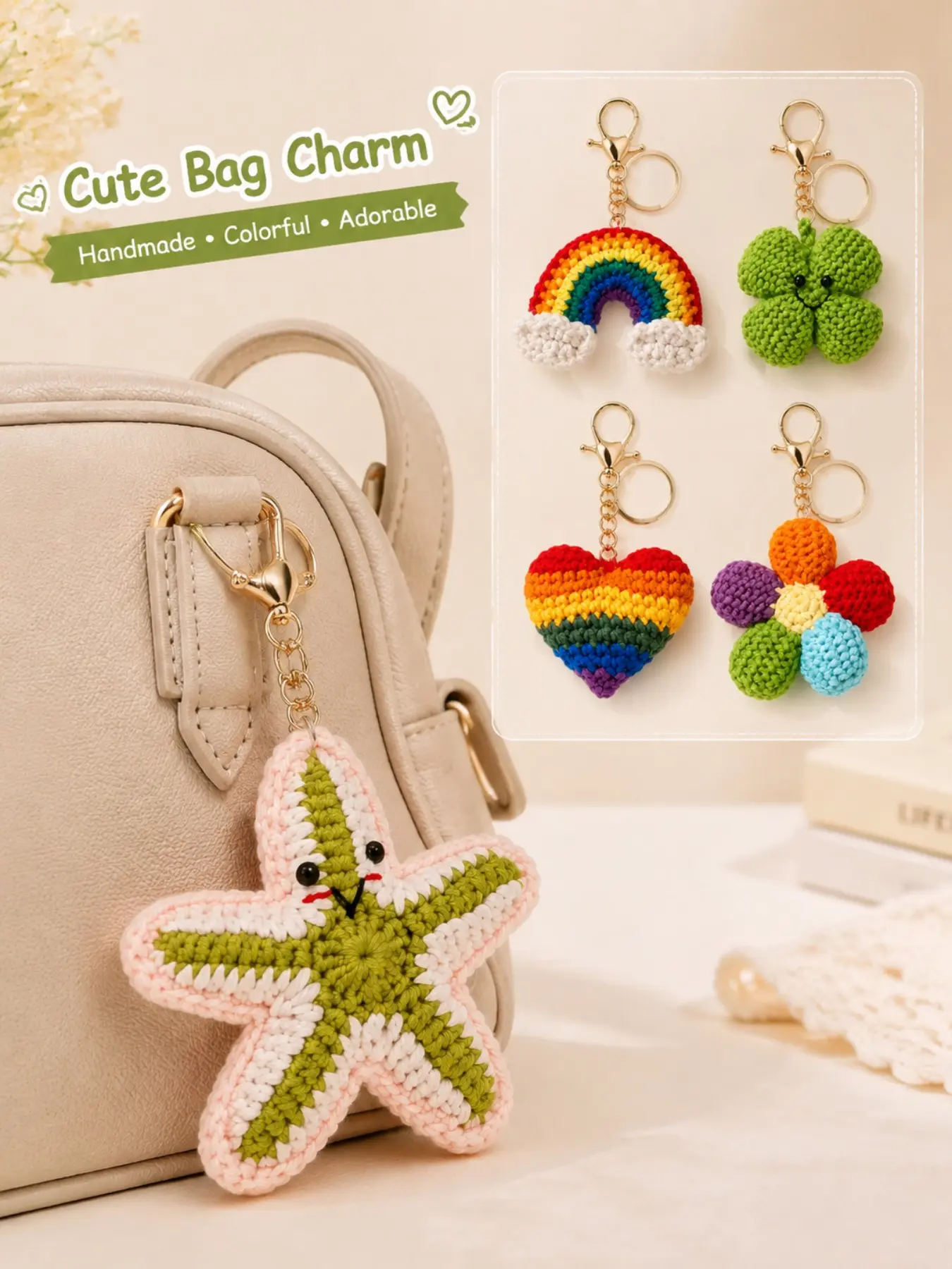 Handmade Crochet Keychain Set, 5PCS Cute Rainbow Clover Heart Flower Starfish Bag Charms, Knitted Key Ring Accessories for Backpack Purse Car Keys, Gift for Women Girls