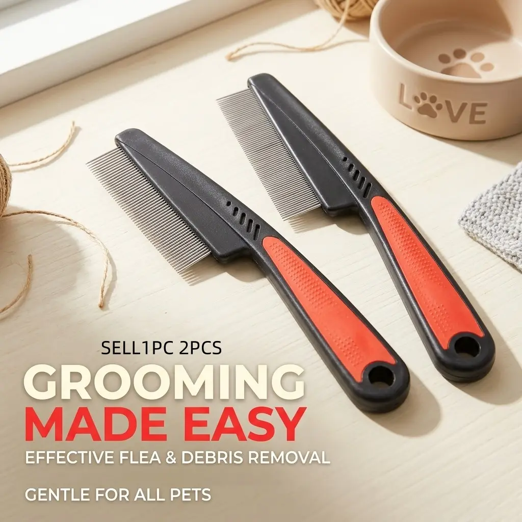 Professional Pet Flea Comb, Fine Tooth Stainless Steel Grooming Tool, Removes Fleas Lice Tear Stains, for Short and Long Hair Pets