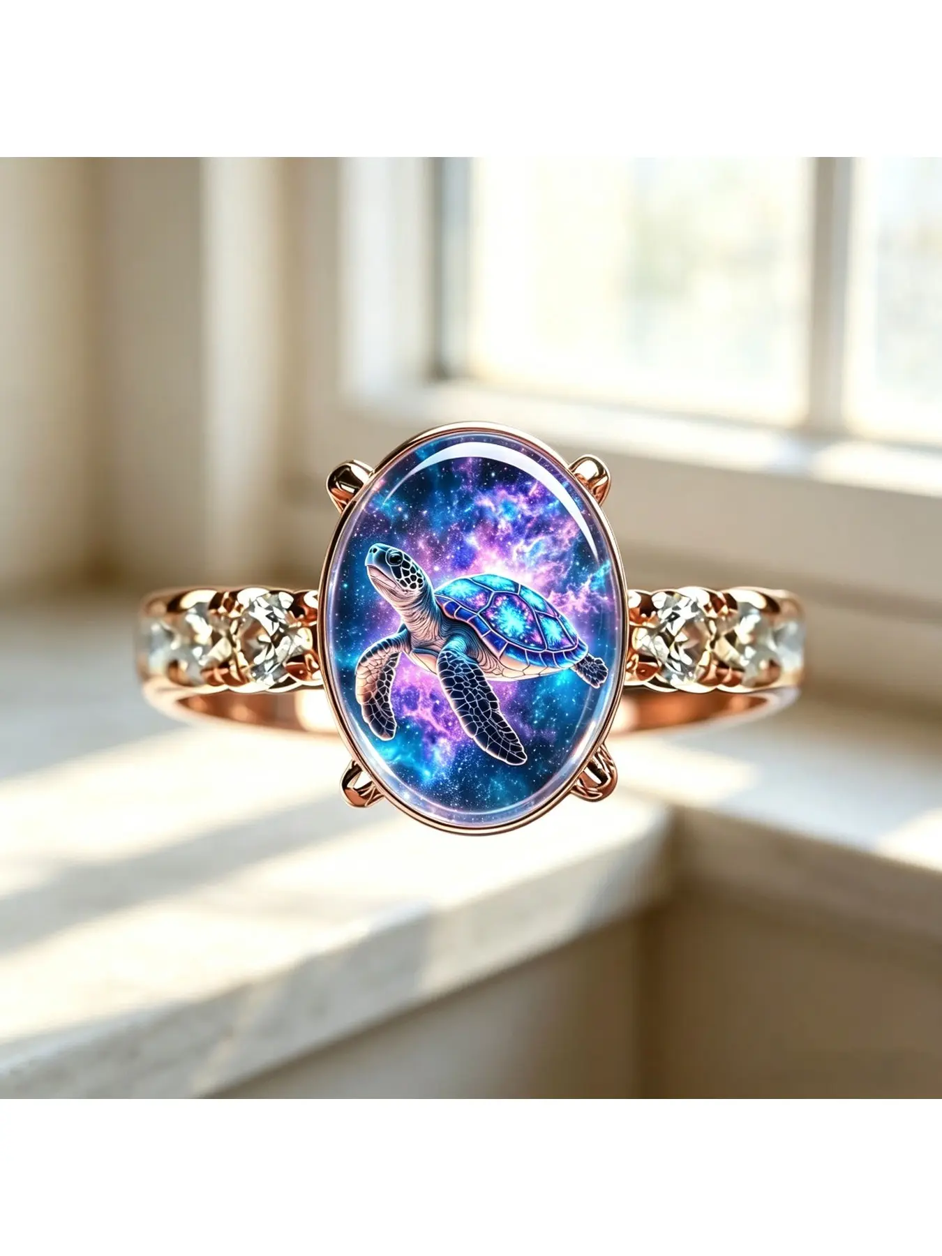 Starry Sky Turtle Elliptical Rose Gold Ring. The turtle is swimming in the brilliant purple-blue galaxy, with its shell shimmering with colorful light. The scene is dreamy and ethereal. The turtle symbolizes longevity and composure, and has a unique atmos