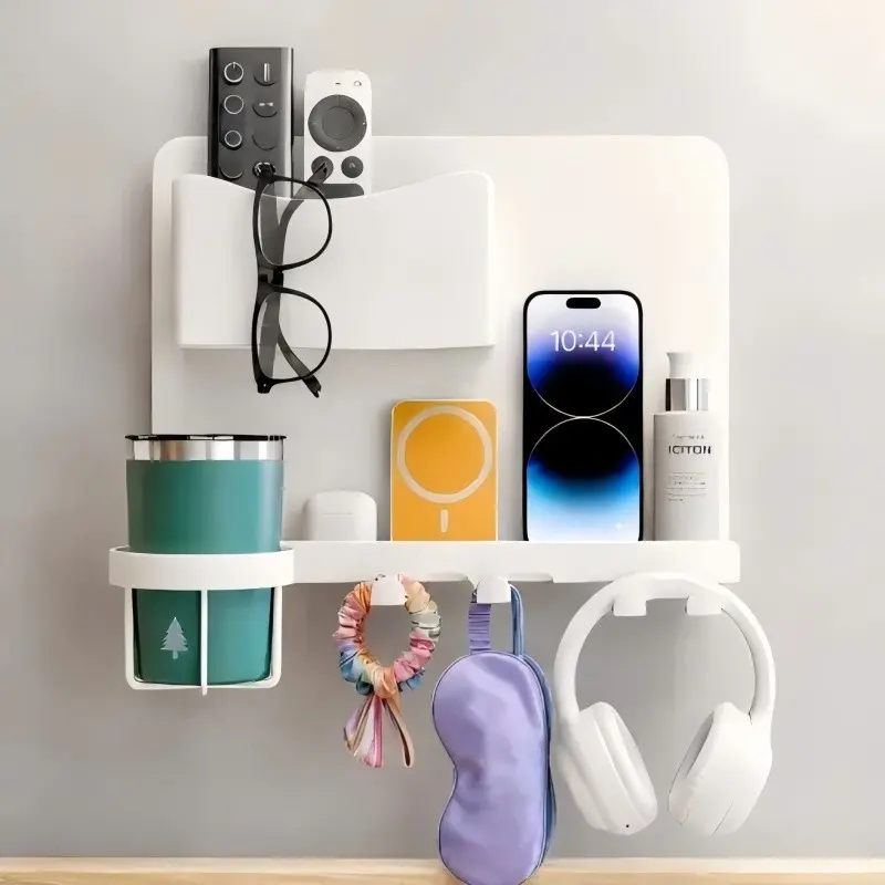 Floating Bedside Wall Shelf, Metal Bedside Wall Organizer with Detachable Cup Holder, Space Saving Design, No Drill Wall Mounted Storage for Bedroom, Entryway, Dorm
