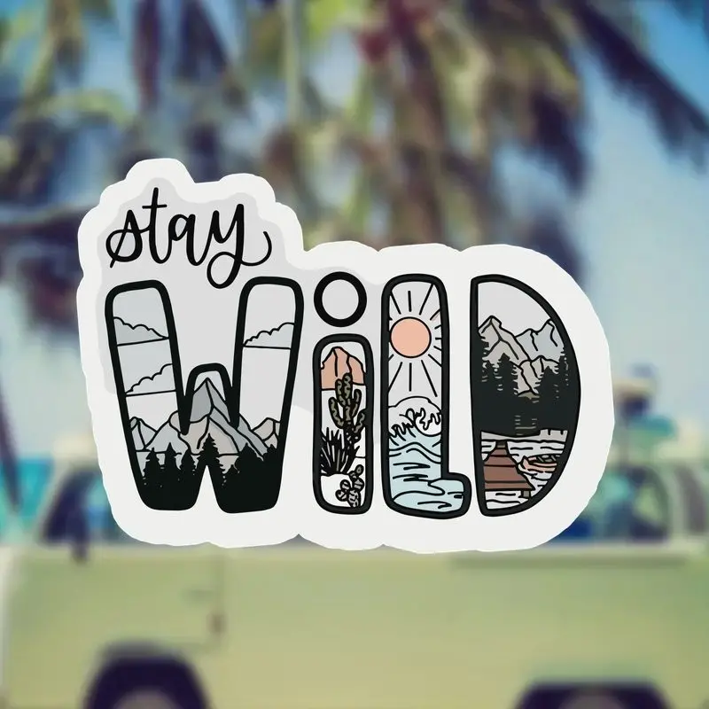 "Stay Wild" adventure-themed waterproof frosted PVC stickers- 4.1inch Sun-resistant and durable outdoor stickers, natural patterns(mountains, trees, waves) suitable for laptops, water bottles, mobile phones- Irregularly shaped self-adhesive stic