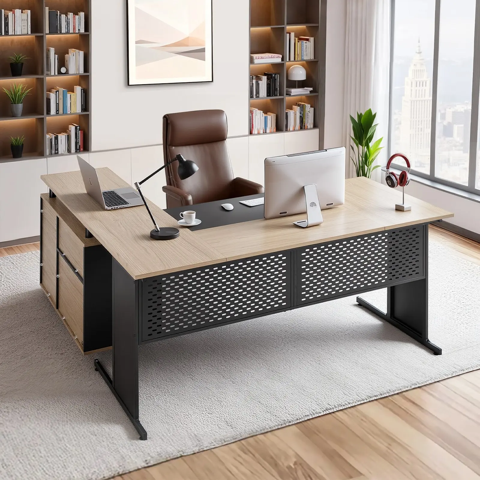 VEVOR L-Shaped Executive Desk, Modern Reversible Office Table with Drawers Storage Cabinet, Heavy Duty Large Wooden Executive Table, 350 LBS Load Capacity, Easy Assembly, for Work Study Writing