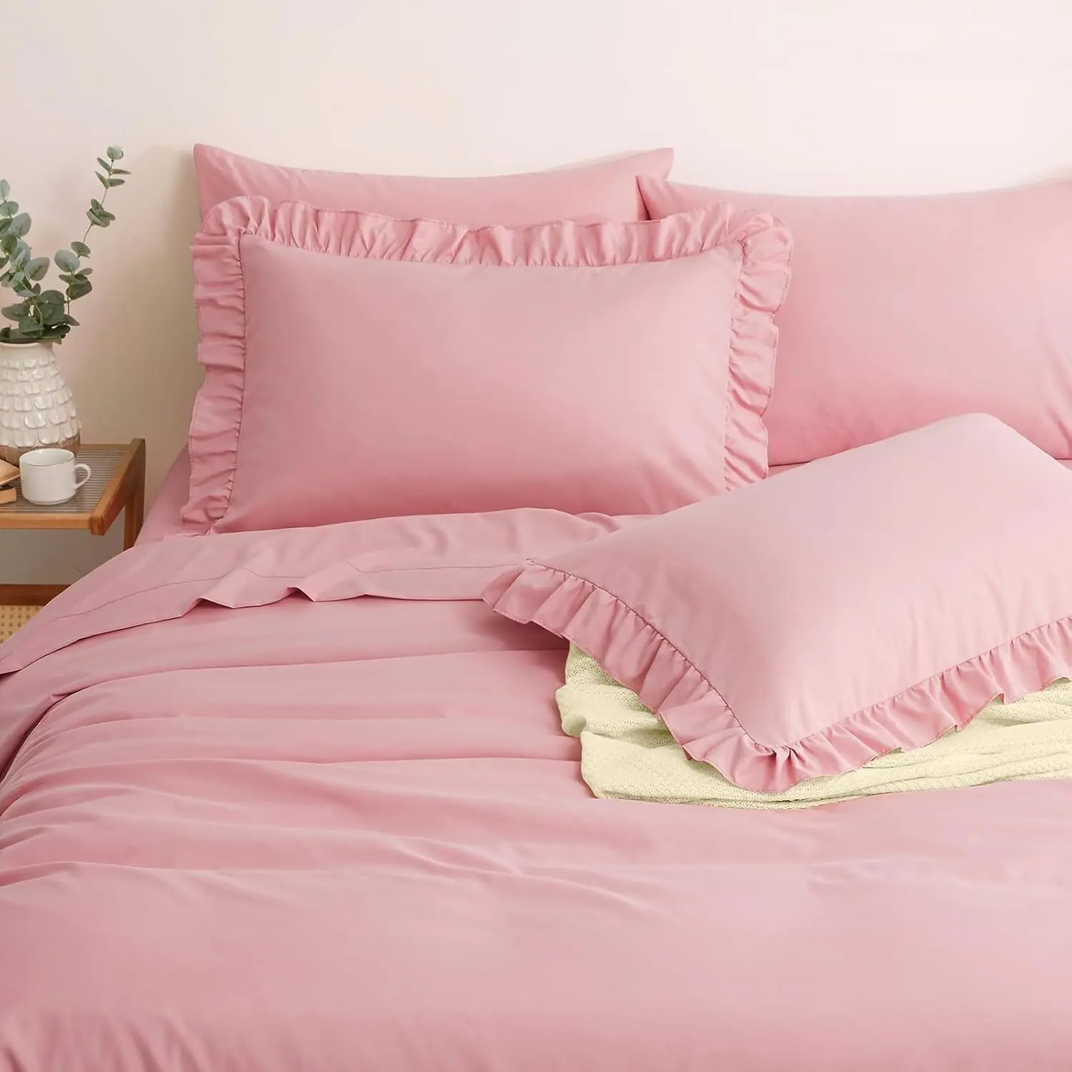 Horbaunal 6-Piece Full Size Dusty Pink Ruffle Trim Bed Sheets, Shabby Chic Farmhouse Look Bedding Set