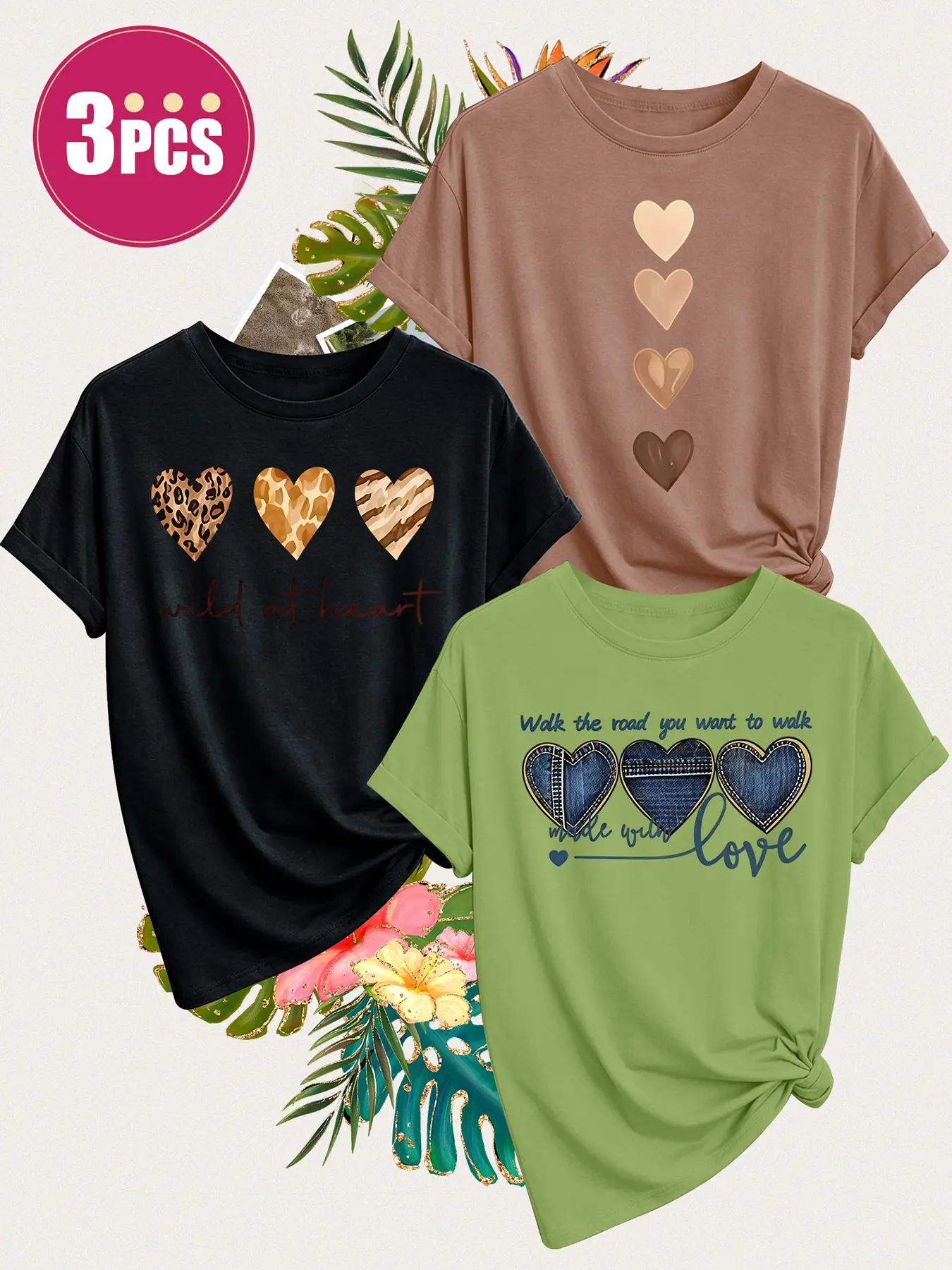 3Pcs Women Crew Neck T-Shirt, Leopard Denim Gradient Heart Wild At Heart Sweet Cool Print, Multi-color Washable Spring Summer Top, Soft Skin-friendly Fabric Daily Versatile Fashion Design