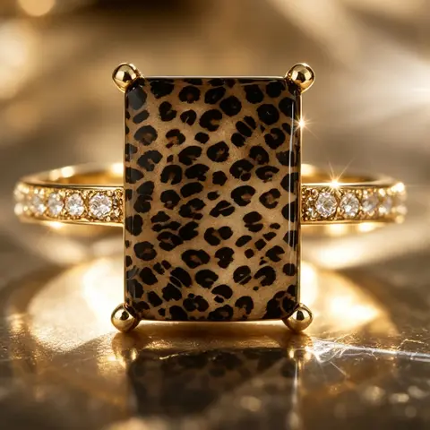 Leopard Print Square Statement Ring, Wild Pattern Design, Animal Theme, Side Embellishments, Bold Personalized Fashion Jewelry Ring