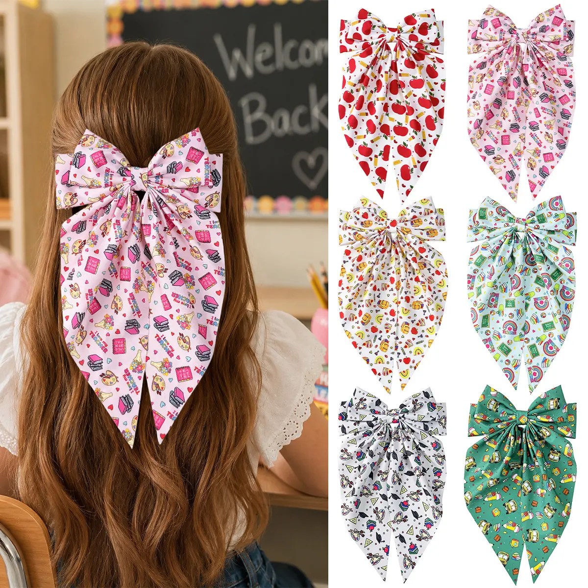 Girls' Silver Plain Bow-Knotted Hair Clips, 3-6 Piece Large Satin Barrettes with Long Streamers, Cute Decorative Boutique Bow Hair Clips for Back to School (Fruit & Stationery Prints), 3Pcs, Female, Cartoons, Barrette Shape, Bow Shape