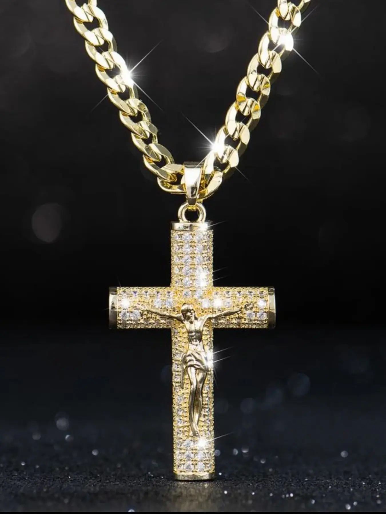 Unisex Copper Zircon Cross Pendant Necklace, Cuban Chain, Street Style, Ethnic Pattern, All Seasons, Fashion Retro Jewelry, Cross Chain Design, Trendy Necklace
