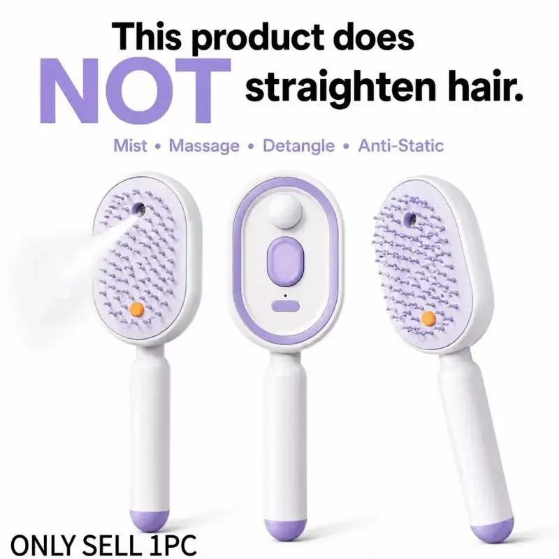 Not straightened Electric Spray Air Cushion Massage Comb, Self-Cleaning Anti-Tangle Hair Brush, Anti-Static Volumizing Scalp Massage Brush for Dry Frizzy Hair Care, No Essential Oil Included, Anti Static Hairbrush, Detangling Hair Brush