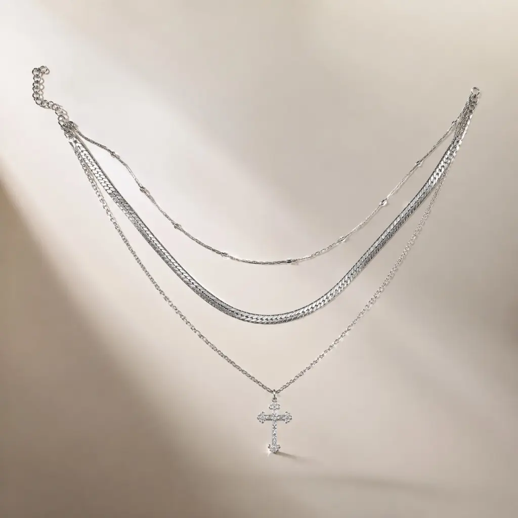 Women's Silver-Tone 3-Layer Cross Motif Pendant Necklace, Unisex Lightweight Alloy Jewelry with 5cm Adjustable Extension, Secure Clasp, Dainty Multi-Strand Collarbone Accessory for Casual Wear, Party Use
