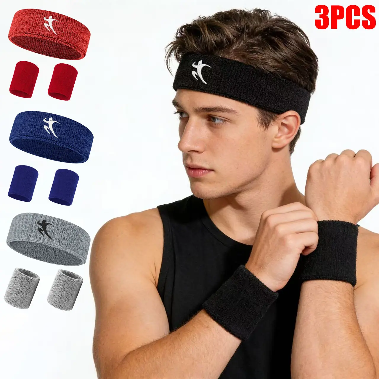 3pcs Embroidered Sports Hair Tie and Wristband Set, High Elastic Comfortable Breathable, Ideal for Running, Basketball, Fitness, Unisex