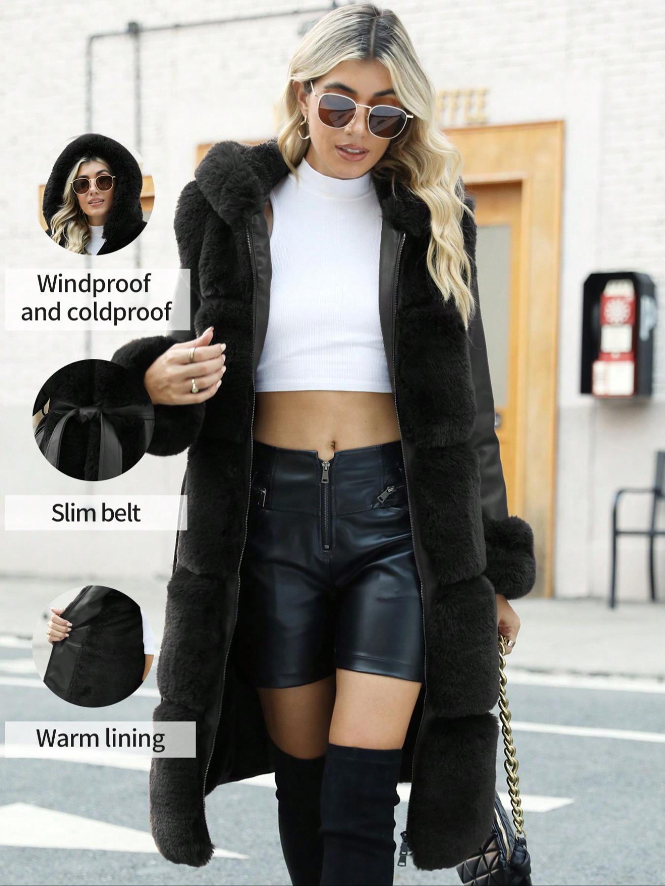 Women's Fall Winter PU Leather Jacket Coat, Contrast Faux Fur Hood Long Sleeve Fitted Casual Everyday Outerwear, Adjustable Waist Belt Design