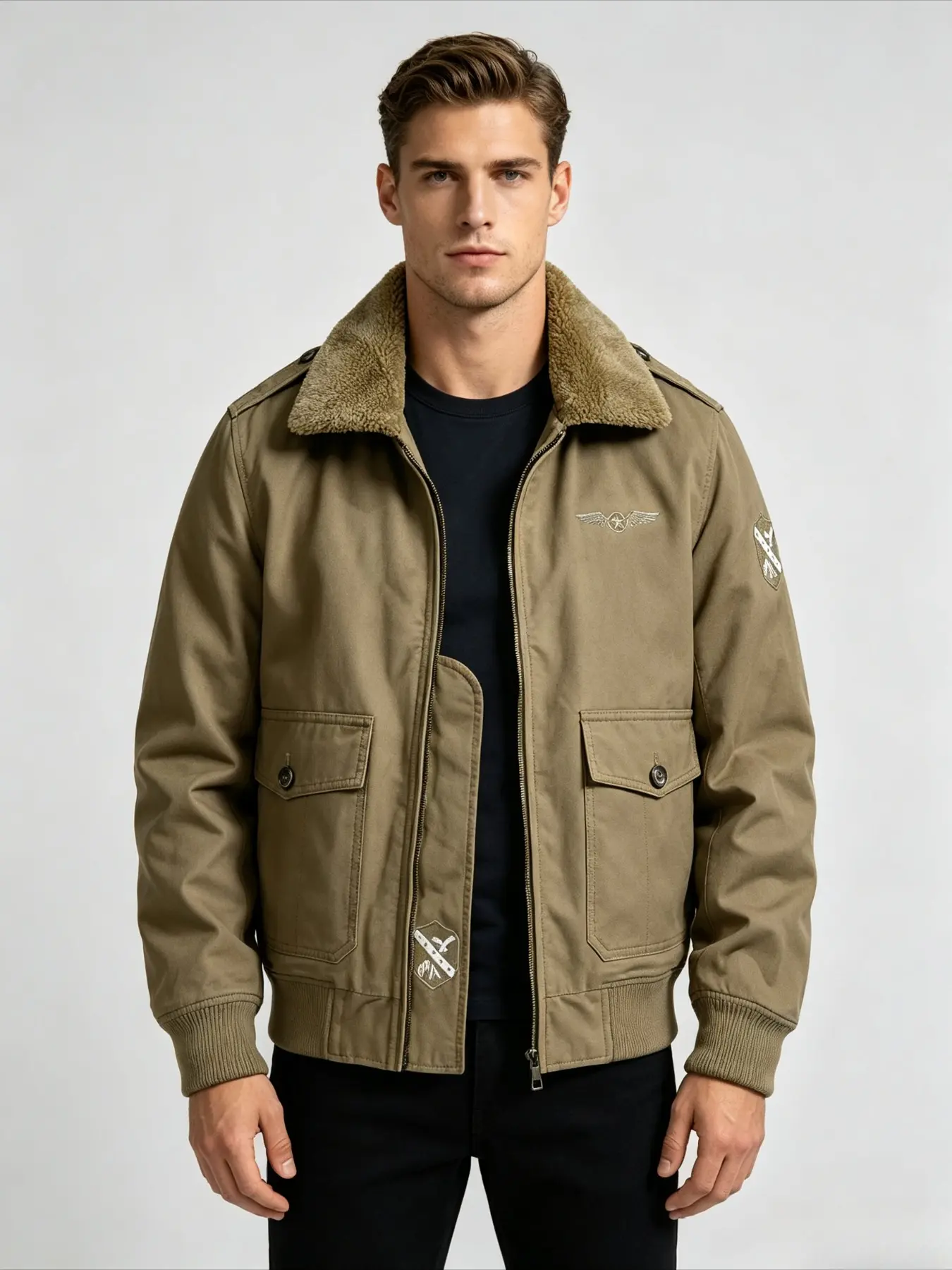 Men's embroidered fleece jacket, fashionable fleece collar jacket, with windproof and warm features and three-dimensional pockets, suitable for daily wear and outdoor activities
