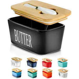 Butter Dish with Lid, Ceramic Butter Dish with Knife for Countertop, Airtight Covered Butter Keeper Container, Large Black Butter Holder for Refrigerator, Farmhouse Kitchen Decor Gift