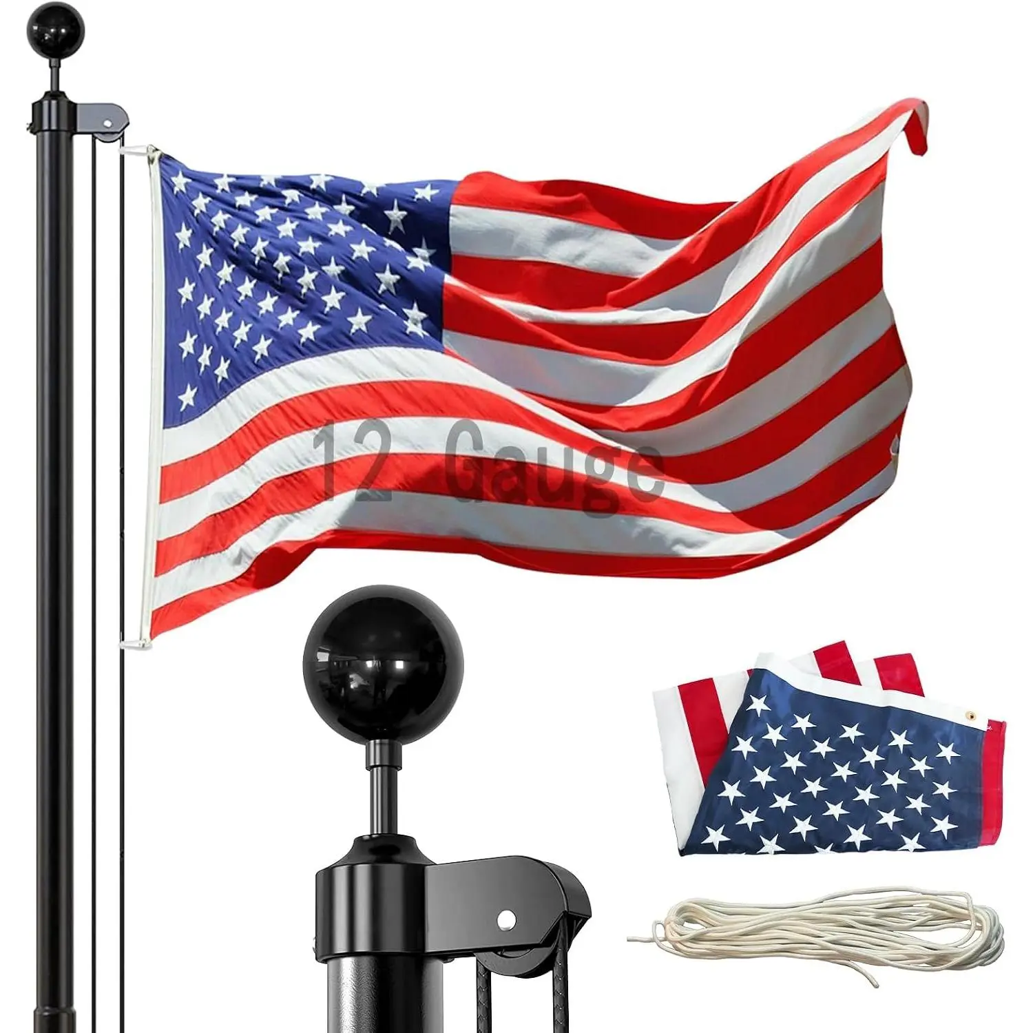 12 Guage 25 FT Heavy Duty Flag Pole with  Ball,Extra Thick Black for Outside House