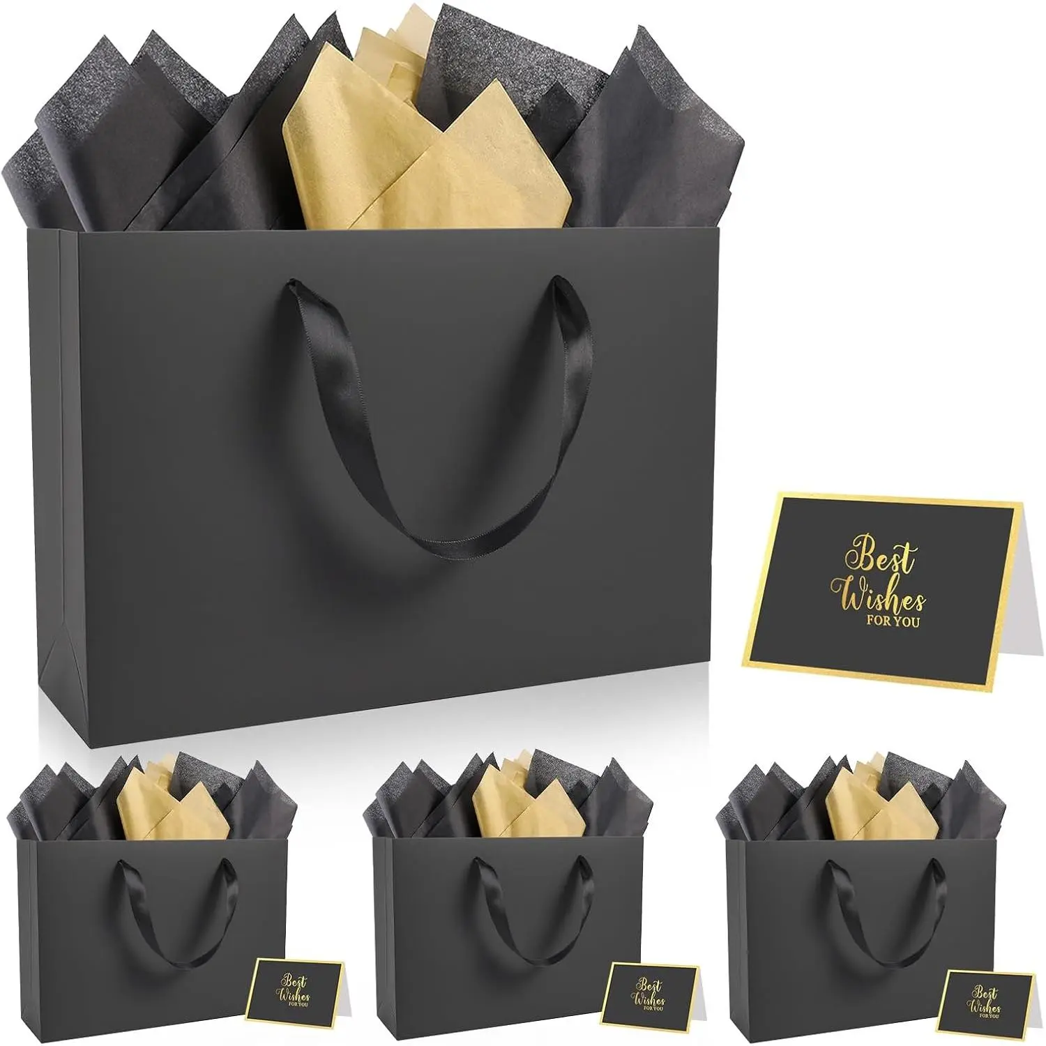4 Pack Medium Black  Bags with Handles and 12 Tissue Papers | 12.6x8.7x4 Inches for Men's Birthdays, Party,  Showers, Weddings, Graduations, Father's Day & Holidays
