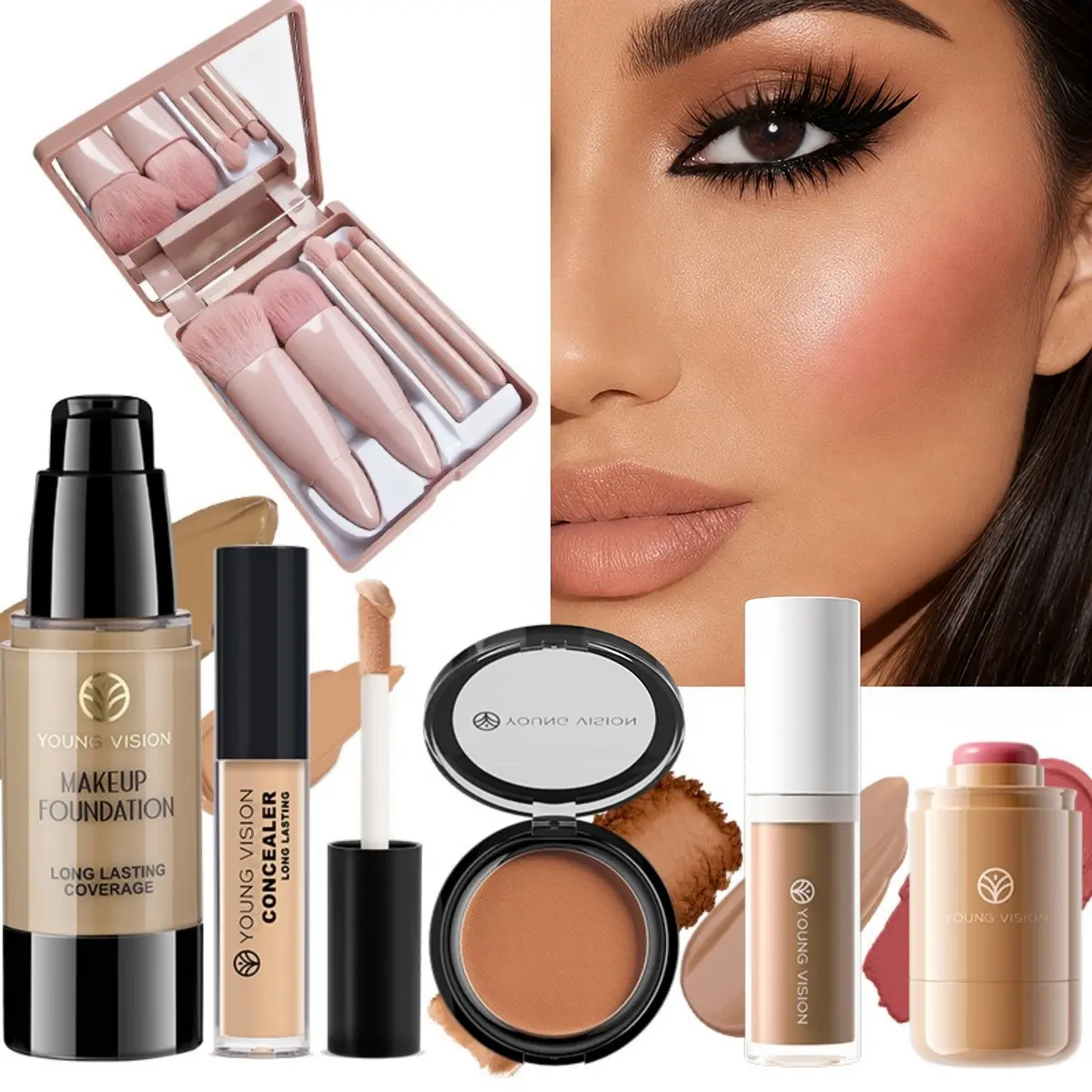 YOUNG VISION  Beginner Makeup Kit, Complete Cosmetics Set with Tools, Ideal for Beginners, Create Various Looks, Liquid Form