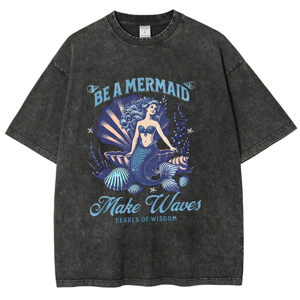 Vintage Acid Wash Oversized Cotton T-Shirt for Women, Retro Seashell Mermaid Graphic Tee, Casual Coastal Beach Short Sleeve Crewneck Top