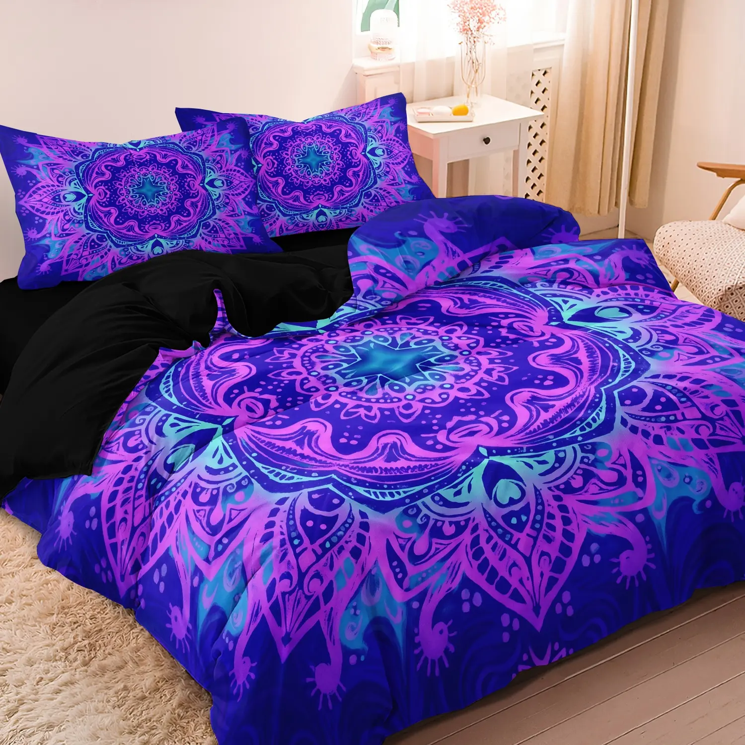 3 Pieces Purple Blue Gradient Mandala Floral Duvet Cover Set, Bohemian Hippie Large Mandala Flower Print Bedding, Decorative Duvet Cover, Soft Microfiber Spiritual Boho Aesthetic Bedding Decor (1 Duvet Cover + 2 Pillowcases, No Comforter No Pillow)