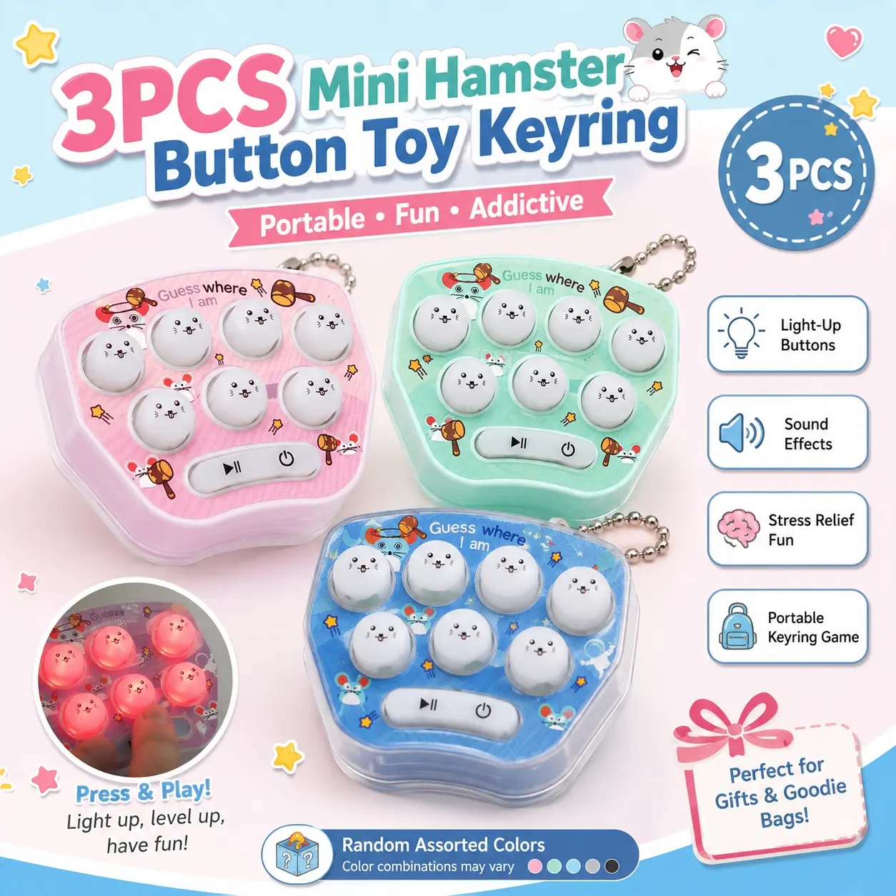 3pcs Mini Hamster Whack-a-Mole Keychain Toy, Cute Light-Up Pop Button Memory Game with Sound Effects, 6cm Portable Fidget Stress Relief Handheld Game, School Bag Backpack Charm Party Favor Birthday Gift for Kids Adults Travel Play