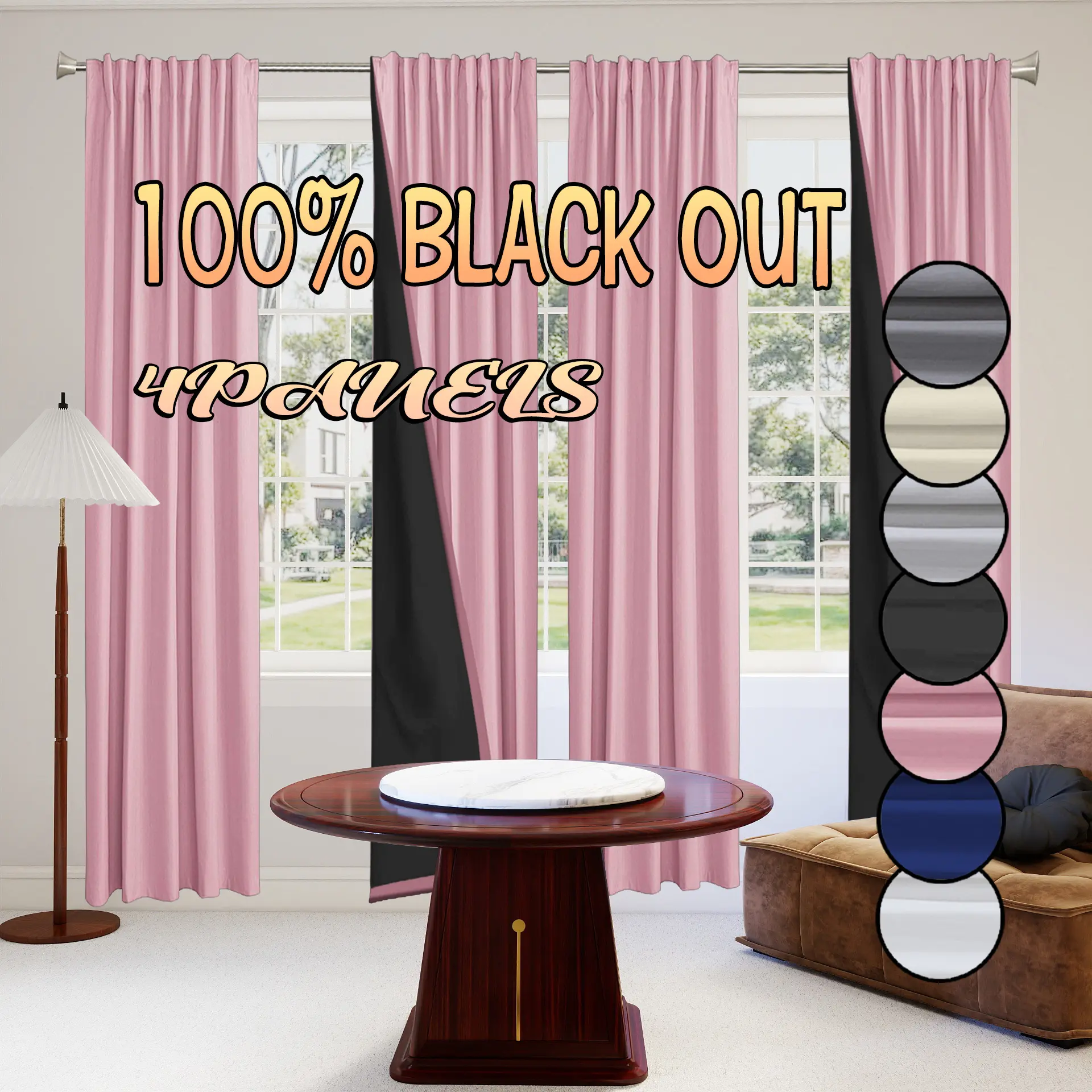 4 pieces, 100% blackout sunproof thermal curtains, Thermal Insulated Curtain, modern minimalist blackout curtains, Ready Made Curtains, lightweight, top rod pocket hanging style, suitable for bedrooms, dining rooms, living rooms