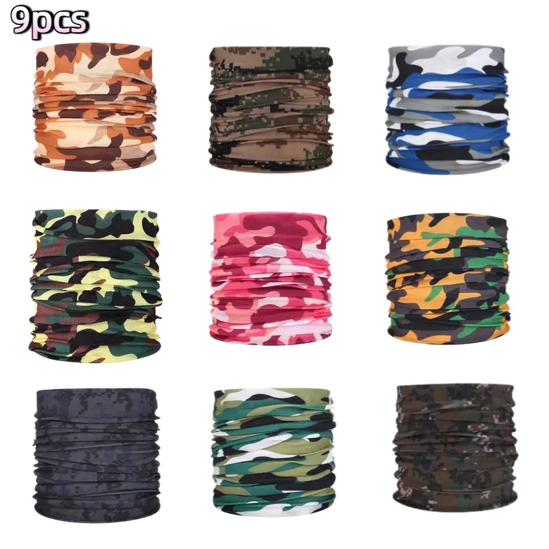 9 Packs Camo Seamless Magic Headband & Face Mask Neck Gaiter - Quick-Dry Lightweight Boho Camo Headscarf Suitable for Running, Cycling, Hiking, Gym, Outdoor |   Breathable Stretchy Bandanna for Men & Women, Multi-Use Headwear for Holiday Gifts