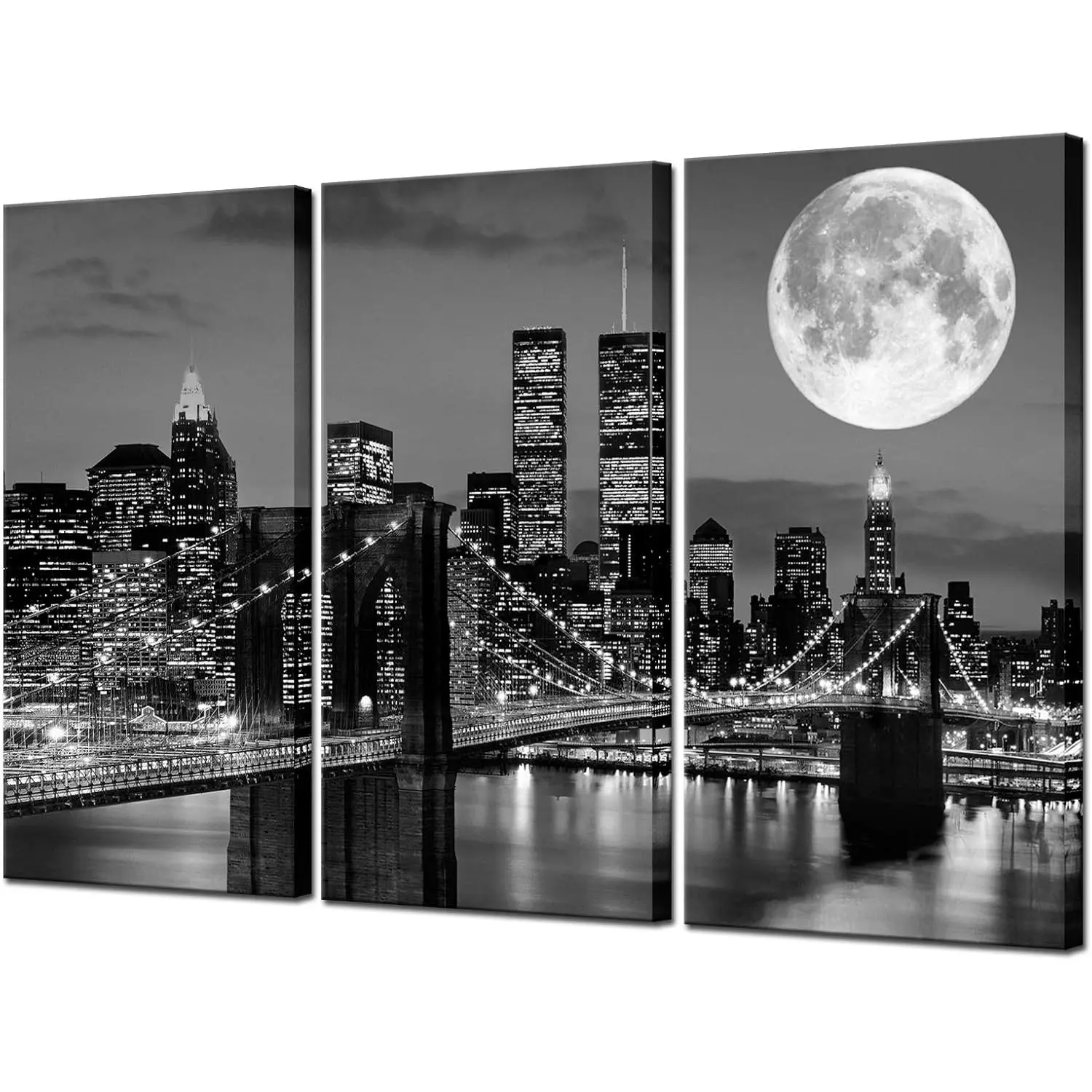 Biuteawal New York Skyline Wall Art Brooklyn Bridge Moon Night View Picture Canvas Print Black and White City Artwork Painting Modern Home Office Living Room Decoration