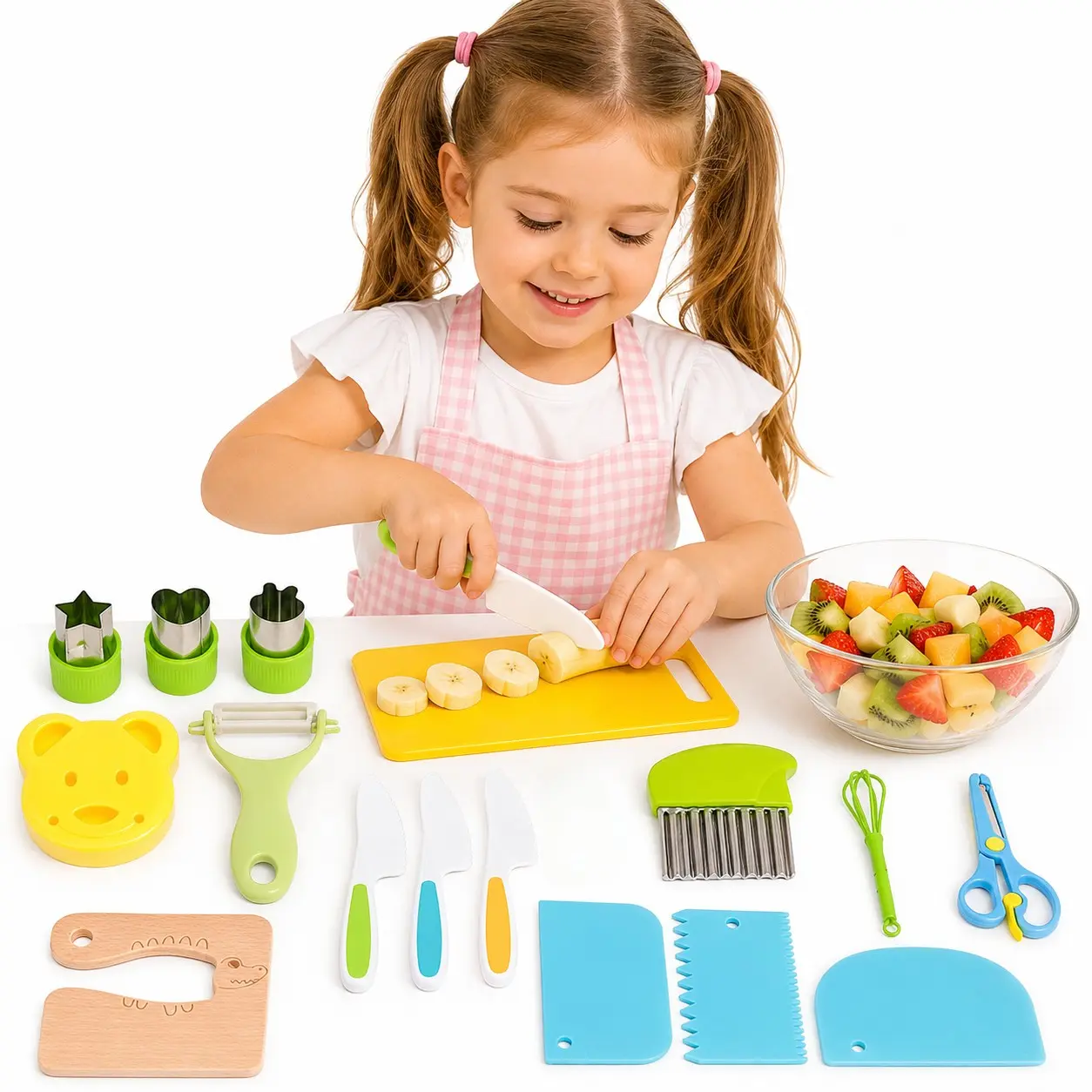 Montessori Toddler Safe Cutting Tool Set, Plastic Kid Kitchen Cutters for Real Food Prep, Kids Cooking DIY Kit, Pretend Play Educational Gift for Little Chefs