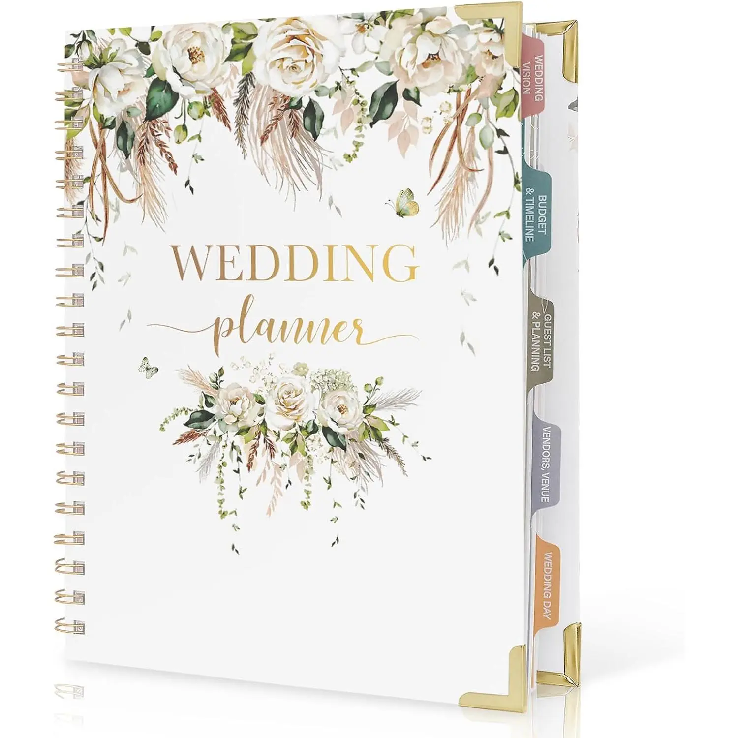 Wedding Planner Book and Organizer, Bridal Planning Binder with Tabs&Pocket | Boho Style, Countdown Calendar, Checklists, Metal Corner, 5 Pockets, Engagement  for Newly Engaged Couples, 9x12"