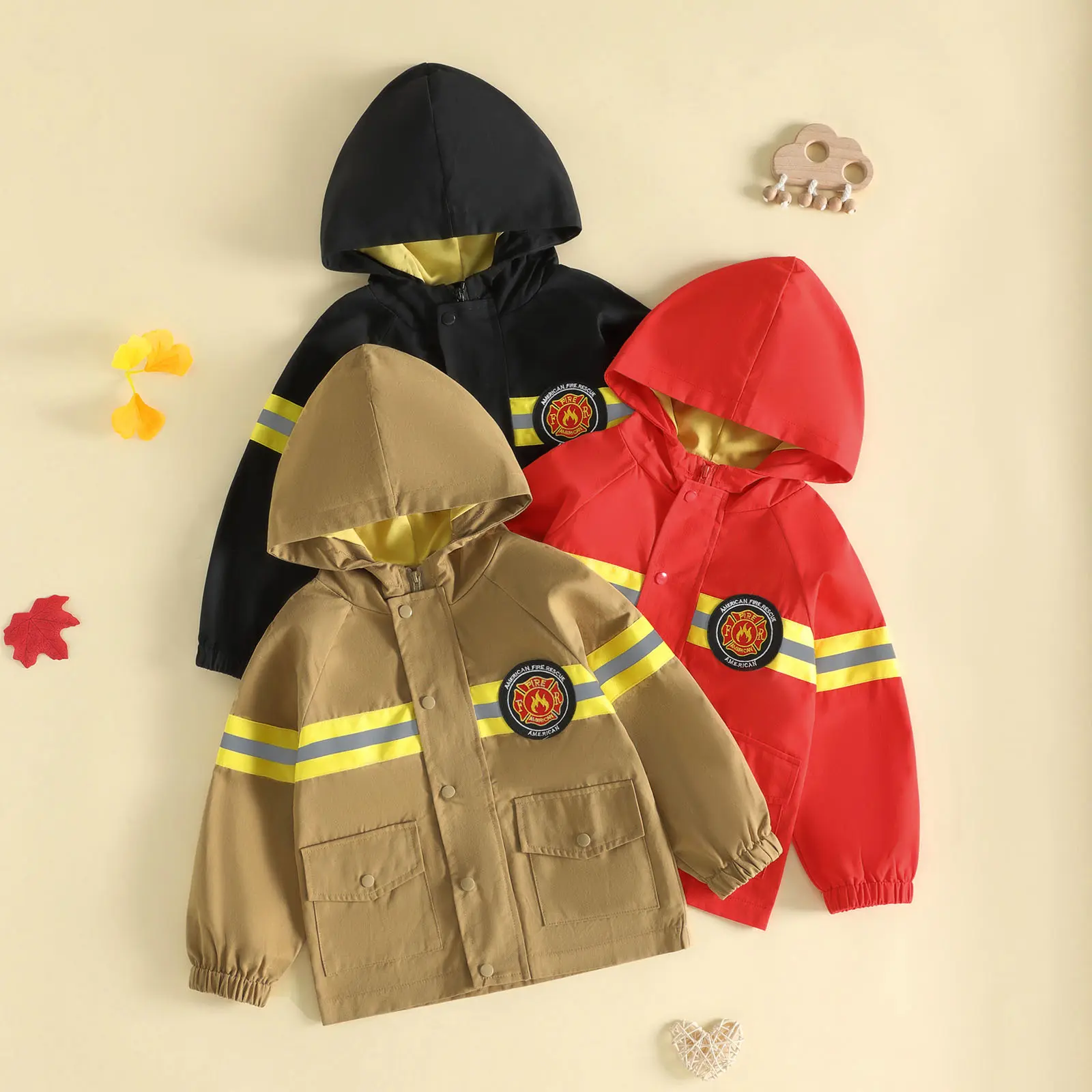 Babamoon Kids Toddler Baby Boys Firefighter Jacket with Pockets Zip Up Hooded Long Sleeve Coat Outwear Fall Winter Costume 1-6T