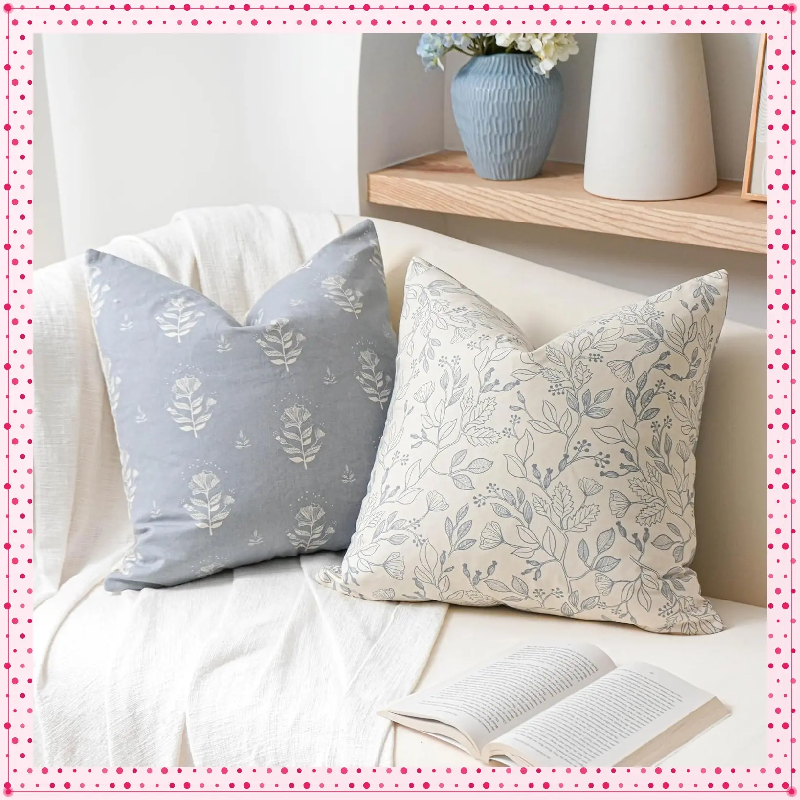 Floral Decorative Throw Pillow Cover Set of 2, 18x18 Farmhouse Coastal Blue Cotton Cushion Cover for Couch Sofa Living Room, Pillowcase OnlyGift