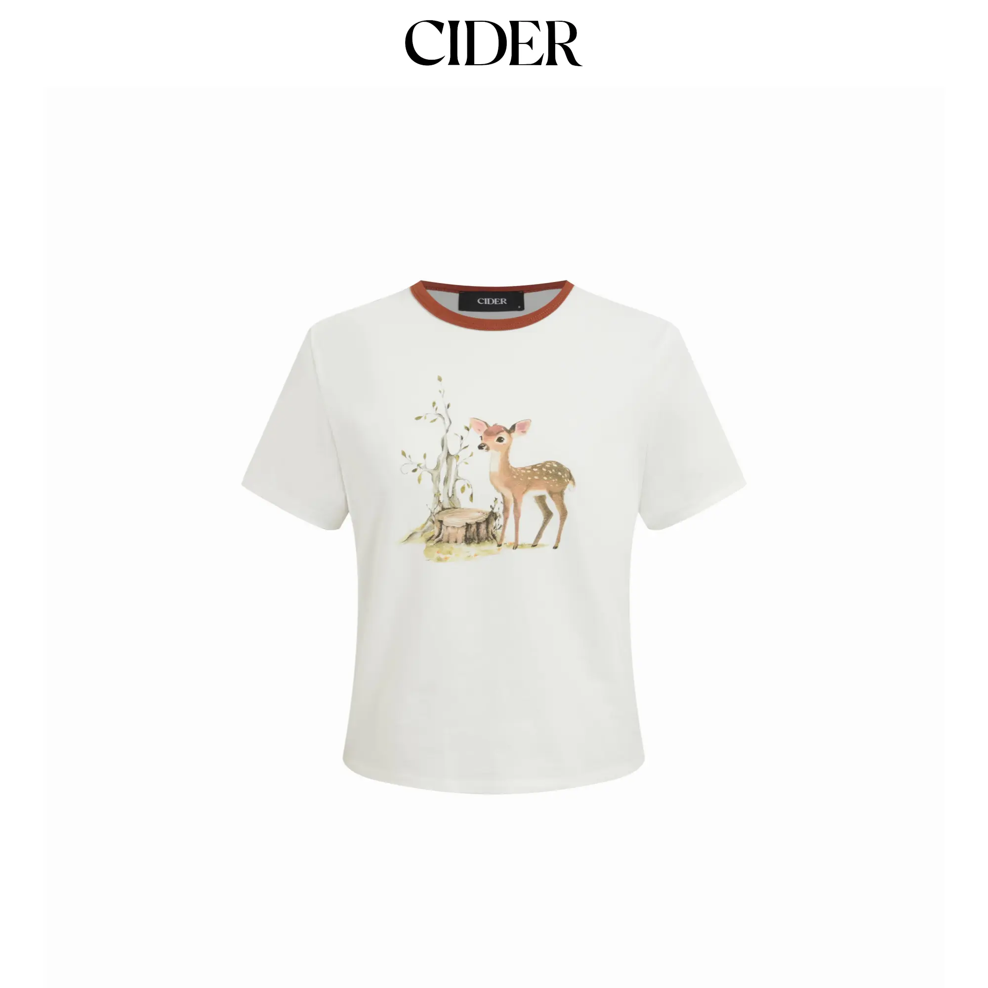 Cider Cotton-blend Round Neckline Deer Graphic Contrasting Binding Short Sleeve Tee SummerWins SummerFinds