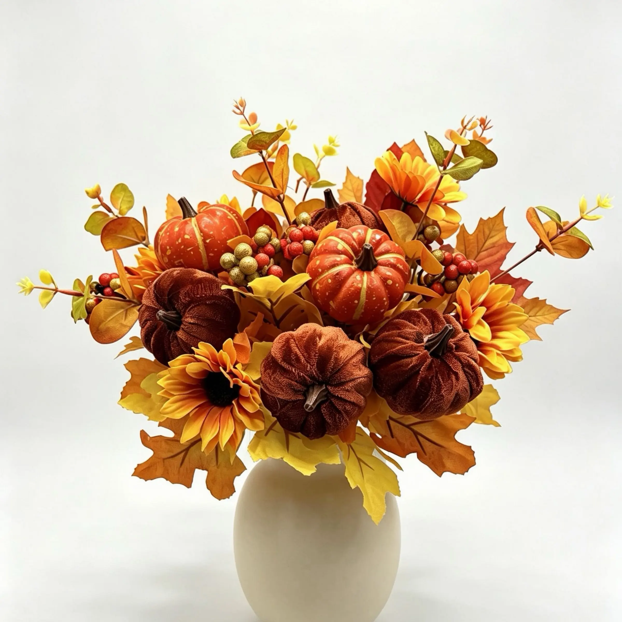 4Pcs Fall Artificial Pumpkin Floral Bouquet, Velvet Mini Pumpkins with Sunflowers Maple Leaves Berries, Autumn Harvest Fake Flower Arrangement for Vase, Rustic Farmhouse Table Centerpiece, Thanksgiving Halloween Indoor Home Decor Gift