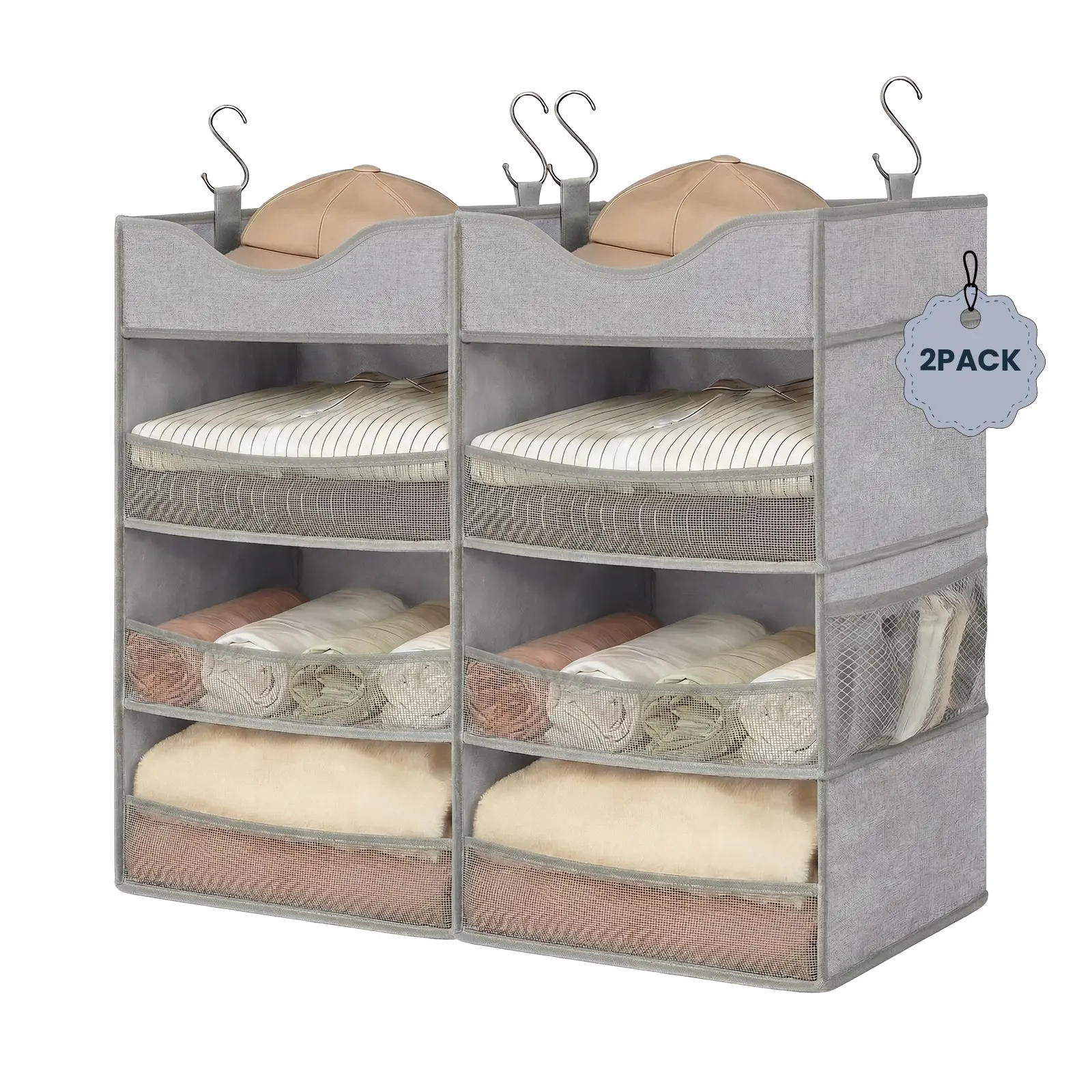 Hanging Closet Organizer with Top Shelf, 3-Shelf Vertical Storage for Clothes & Shoes, 30lb Support, Side Pocket, 40x30x78cm, Gray