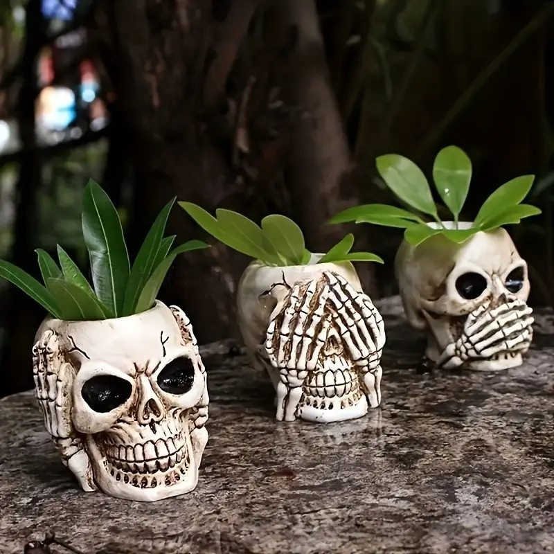 3-Piece Gothic Skull Planter Set, Resin Skeleton Flower Pots, Decorative Garden Pots, Halloween Desk Decor, Ideal for Indoor Mini Cacti Plants