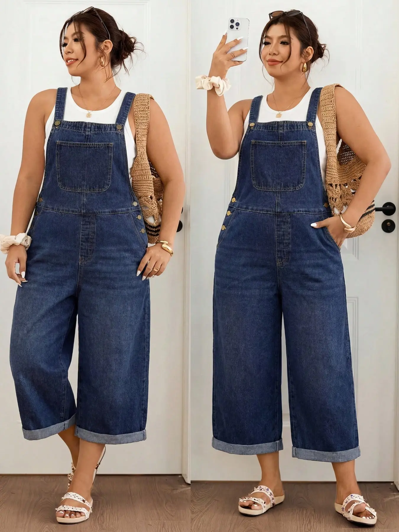 Plus Size Dark Wash Denim Capri Overalls, Side Button Detail Cuffed Raw Hem Loose Wide Leg Cropped Jumpsuit,Summer,Fall,Halloween,Back To School,Beach,Casual