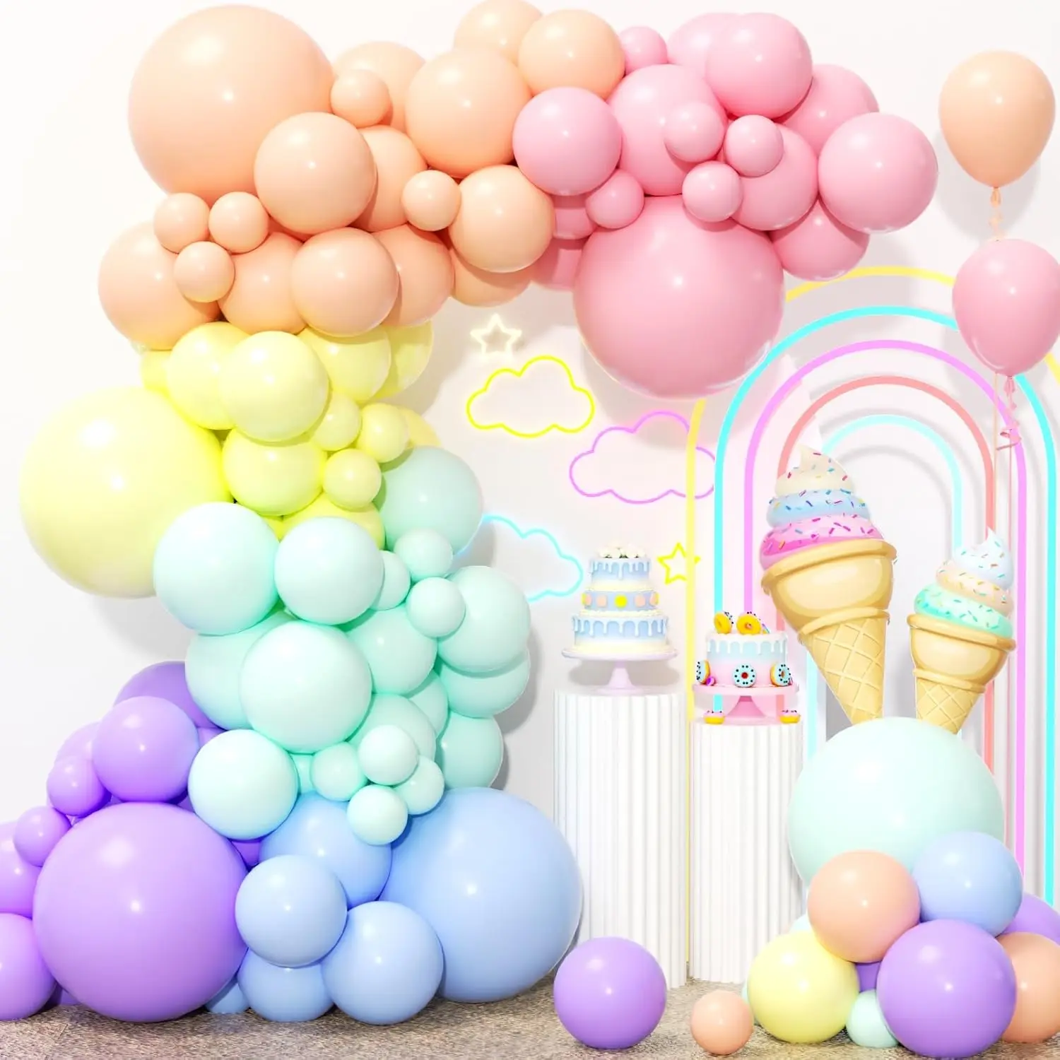 186 count Pastel Rainbow Balloons Garland Arch Kit -18 12 10 5 Inch Different Sizes Colorful Macaron  Colors Latex Balloon for  Shower Girls Spring Birthday Easter Party Decorations