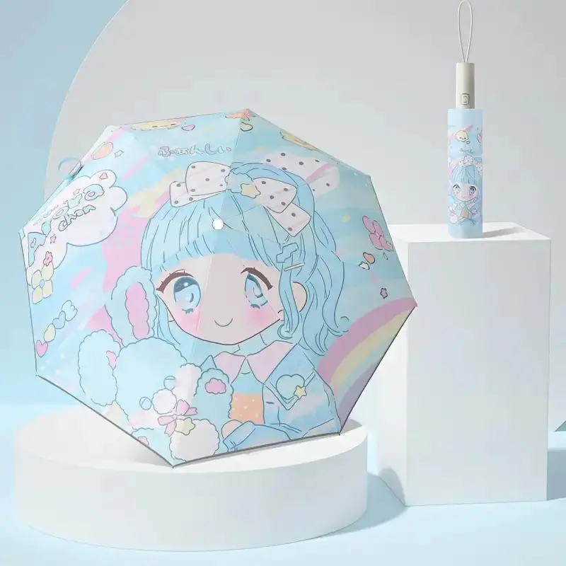 Automatic Foldable Umbrella Cartoon Rainbow Sky Girl Cute Umbrella, Portable UV Protection and Rainproof with Reflective Strip