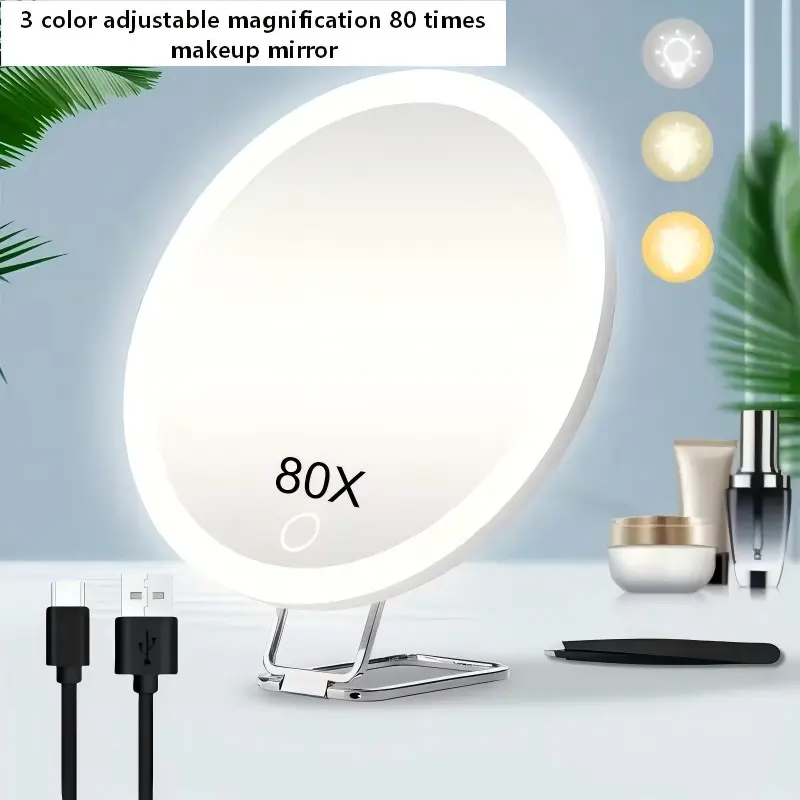 80x LED Makeup Mirror with Suction Cups, Adjustable Light, Stand & Tweezer, Wall-Mountable, Portable, Ideal for Gifts, Set