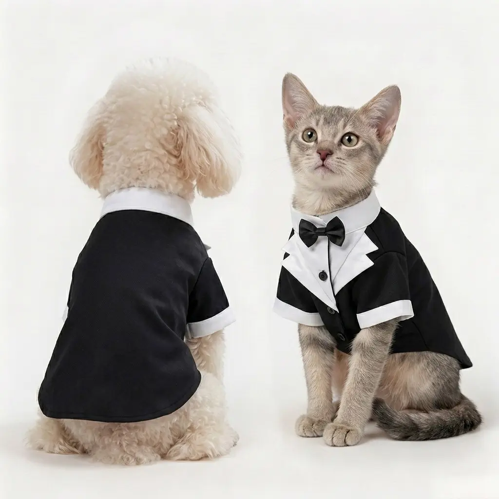 1 Piece Pet Dog/Cat Tuxedo Suit (Black-White Tone), Gentleman Bowtie Fake Two-Piece Design, Elegant Dressing Apparel for Pet Banquets/Dates
