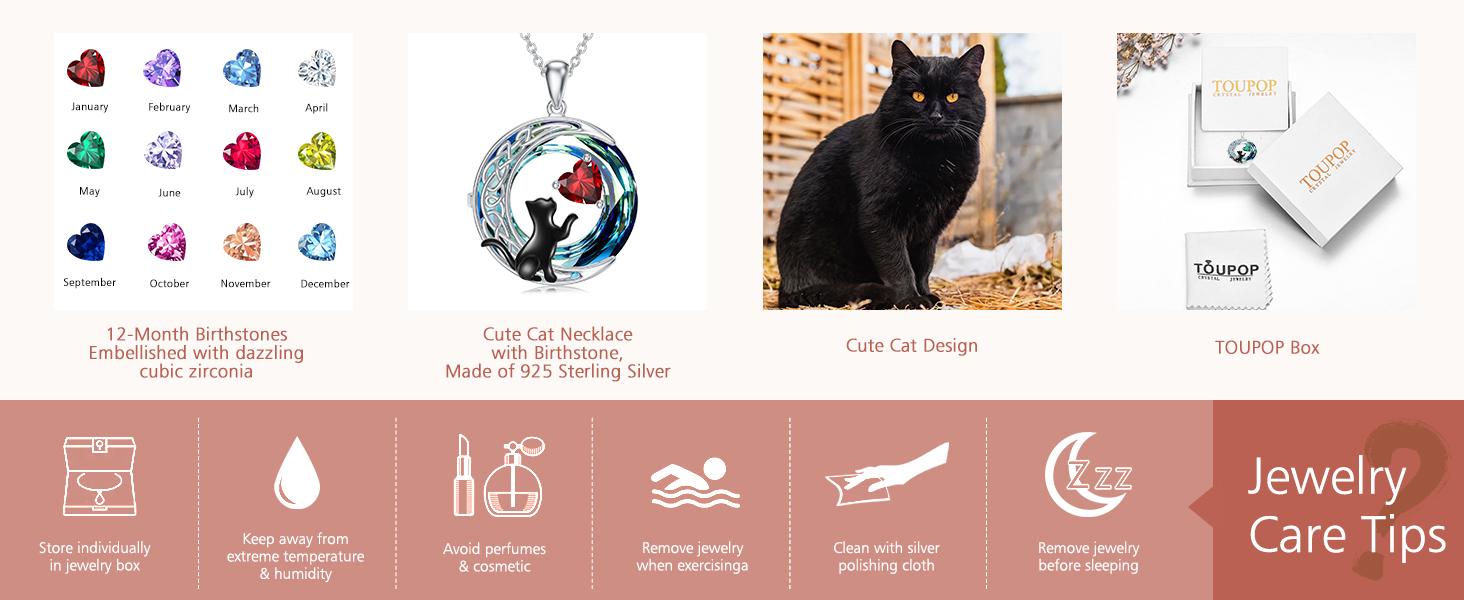 S925 Sterling Silver Celtic Gifts Cat Moon Birthstone Necklace with Round Crystal Jewelry Birthday  Christmas Gifts for Women Friend Mom b0