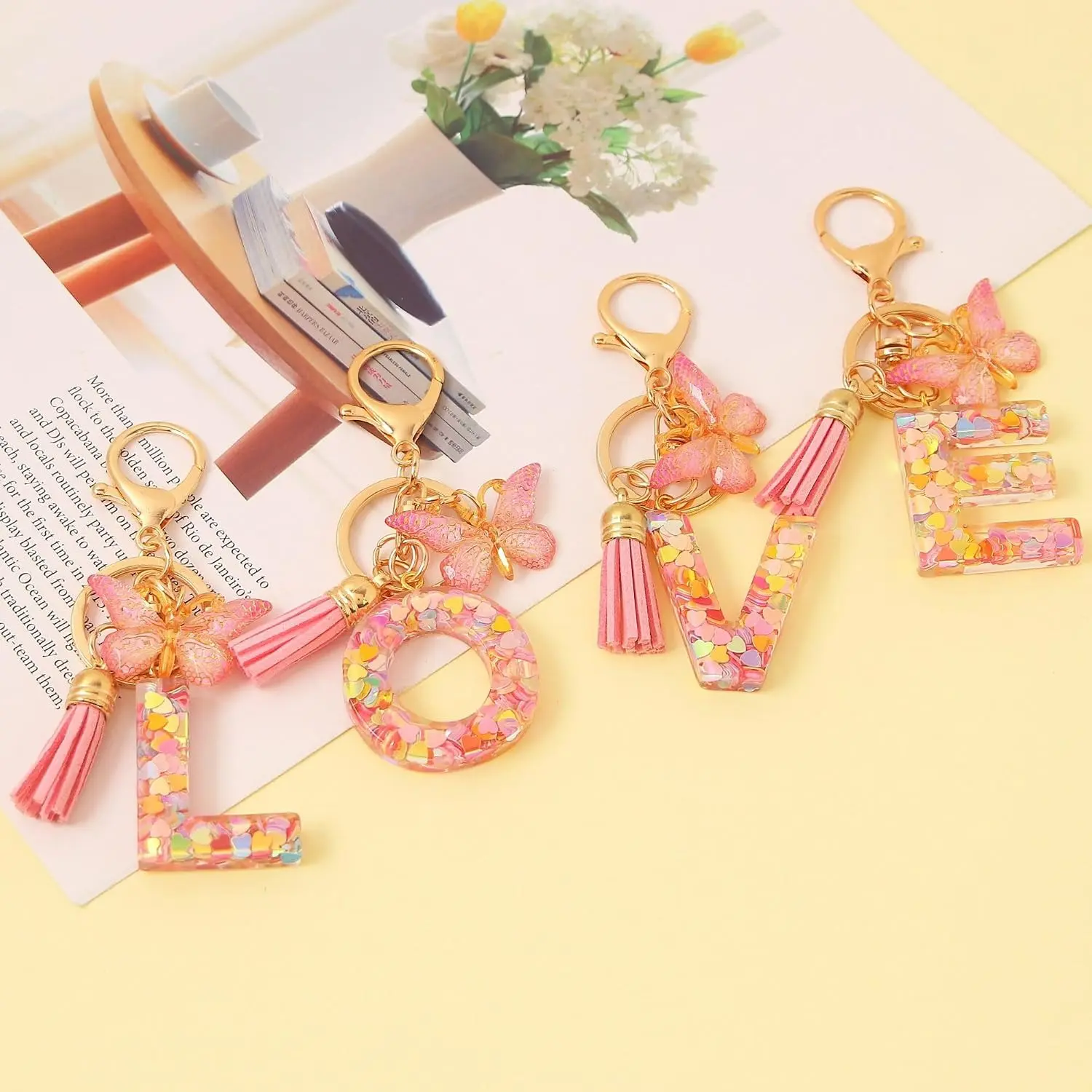 Women's Personalized Resin Alphabet Initial Keychain - Cute Butterfly Tassel Accent, Secure Clasp, Fashion Bag Charm, Birthday/Holiday Gift for Friends, Durable Luggage & Keys Accessory
