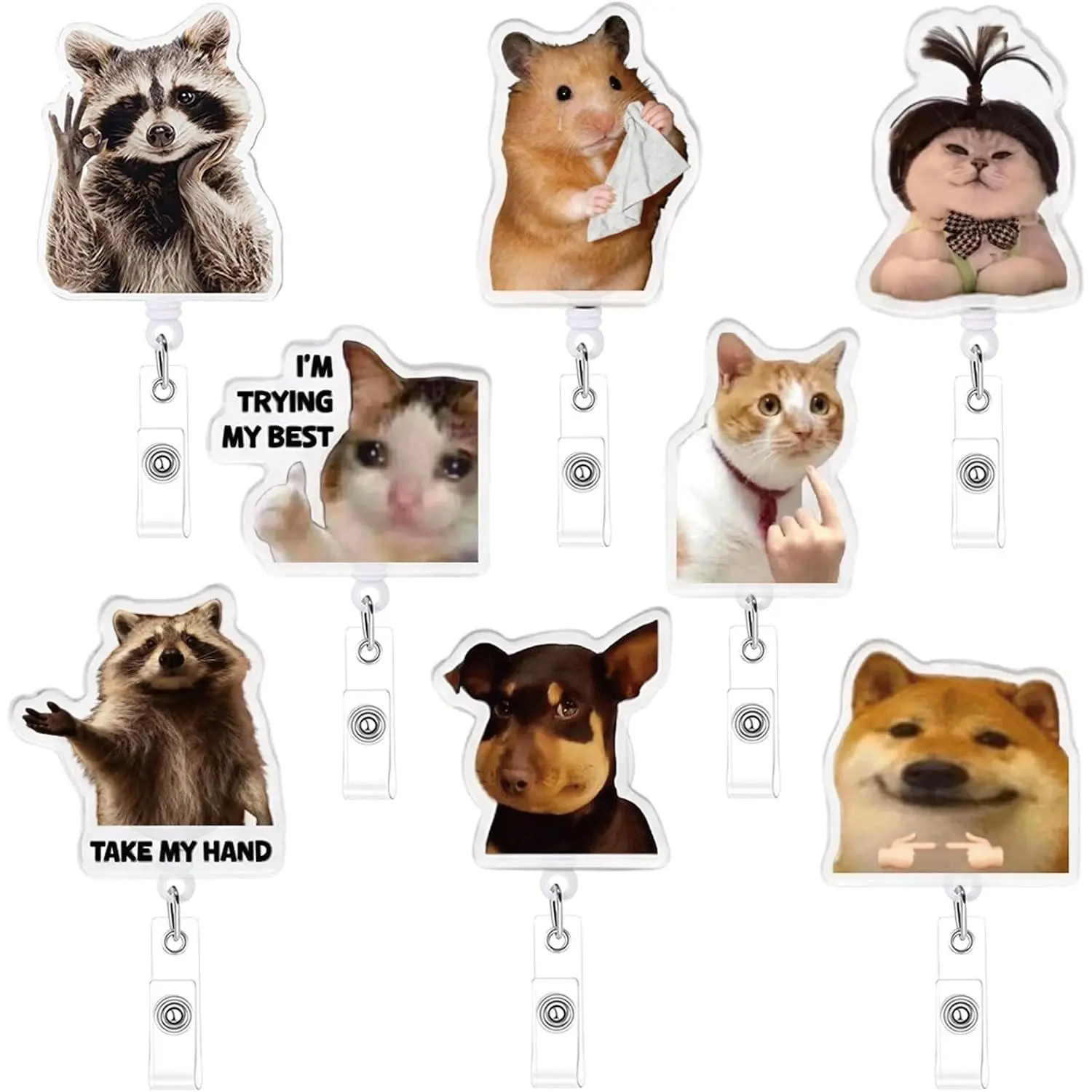 8 Pack Meme Funny Badge Reels,Heavy Duty Cute Retractable Id Badge Holders |  Clip,Bulk Retractable Clip with Cord Belt Clip  for Nurse,,Teacher,Student,Office ,Access Card