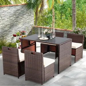 5-Piece Garden Patio Dining Set - Space-Saving Wicker Furniture with Glass Table & Cushioned Chairs for Lawn & Porch