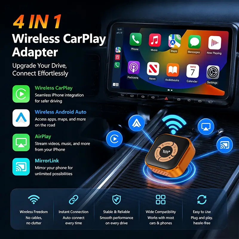 4 in 1 Wireless CarPlay  - 5.8G WiFi6, Bluetooth 5.4,  Compact Plug & Play Dongle for Factory Cars, Full Control for Daily Drives Car Stereo check compatibility rca output upgraded connectivity ultimate portable car play adapter easy use 2-in-1 android