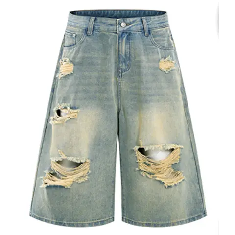 Men's Vintage High Waist Baggy Wide Leg Denim Capri Shorts - Faded, Heavy Distressed, Button-Zipper Fly, 5-Pocket Design, Large Ripped Holes, Oversized Mid-Calf Cut, Classic Stylish Menswear Casual Retro Streetwear Summer Bottoms, Foldable Fabric