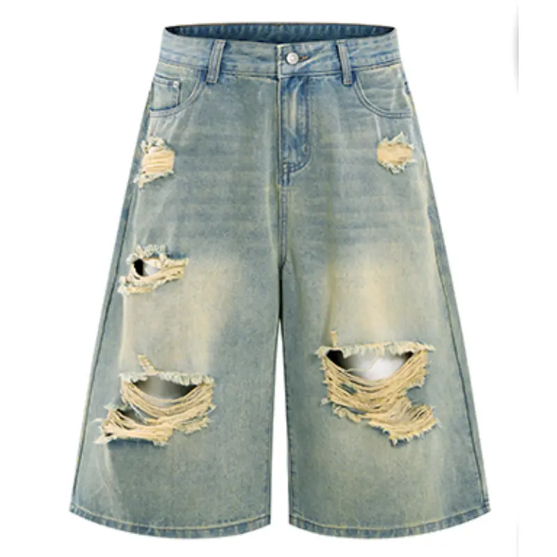 Vintage Faded Heavy Ripped Wide Leg Denim Capri Shorts, Button Zipper Fly, Classic Five Pocket Design, Multi Large Frayed Distressed Holes, Oversized Mid-Calf Cut, Retro Streetwear Denim Shorts #SummerWins