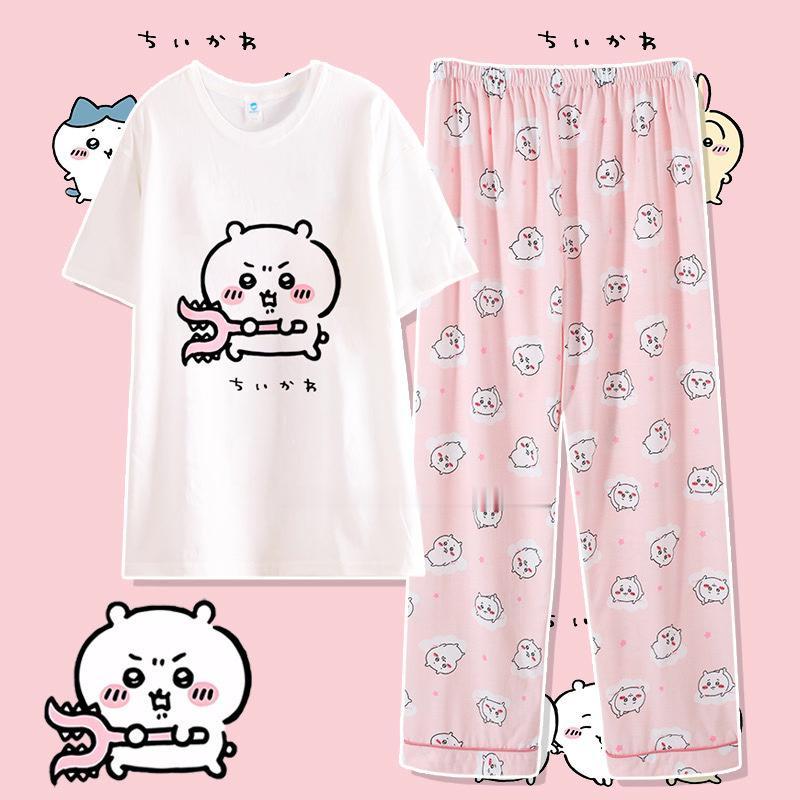 Anime Usag Hachiware Summer thin pajamas round neck Loose long-sleeved shirt and pants Cute cartoon pattern household clothes