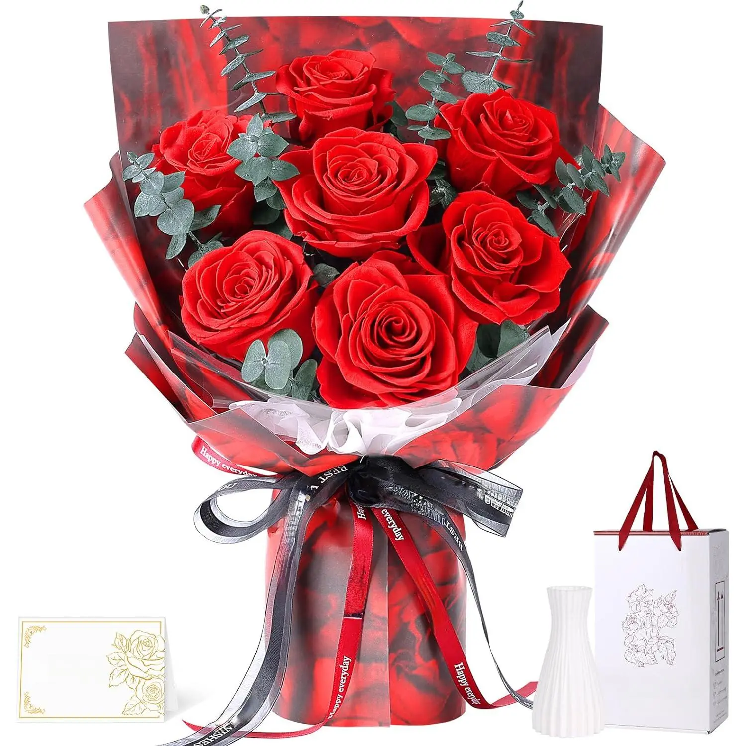Preserved Flowers Bouquet 7 Roses - Red Real Rose & Flowers  Delivery, Eternal Roses Bouquet with Gift Box, Anniversary Birthday Valentines Day Gifts  Women Mom Grandma Her Wife Girlfriend