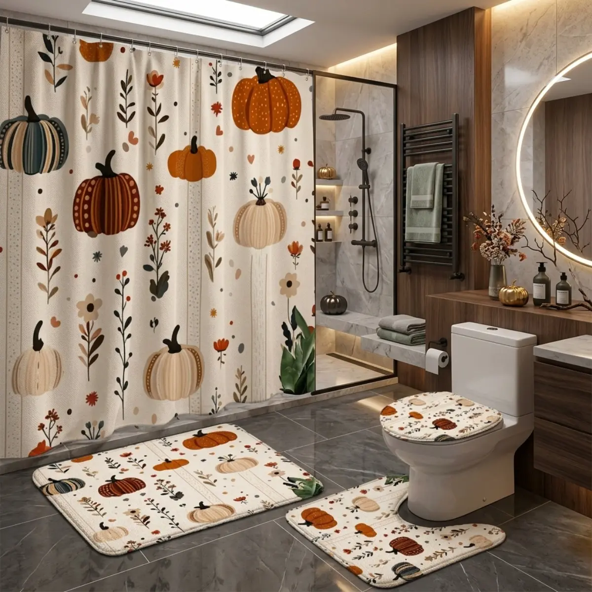 4pcs Autumn Pumpkin Harvest Aesthetic Bathroom Decor Set, Cozy Fall Leaves Floral Pattern Shower Curtain & Mat for Thanksgiving Vibes, Pumpkin Patch Cottagecore Style TikTok Trend