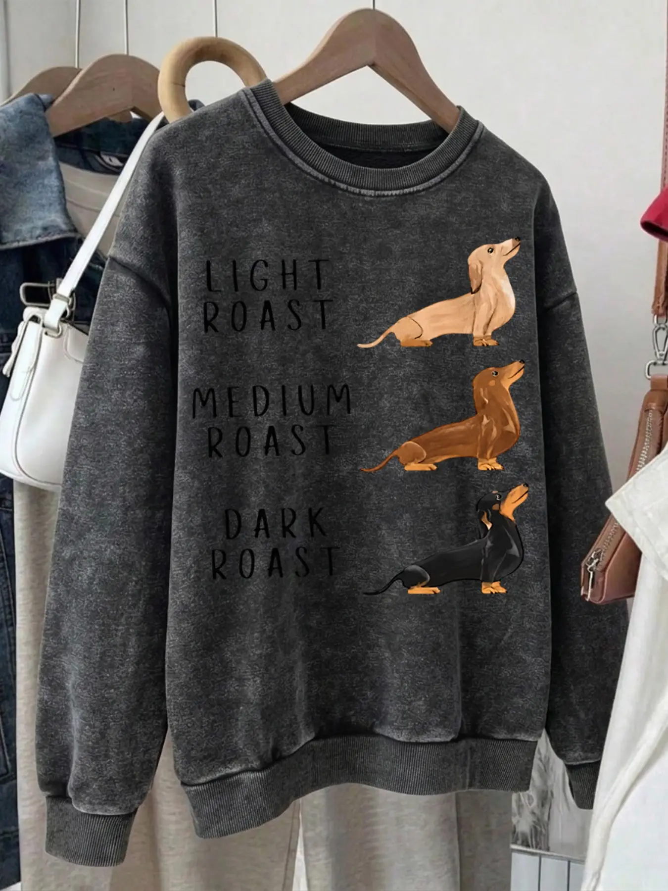 Women's Loose-Fit Crewneck Sweatshirt: Soft & Cute Dachshund Print, Washed/Distressed Finish, Drop-Shoulder Long-Sleeve Top (6 Colors, American Retro Style)